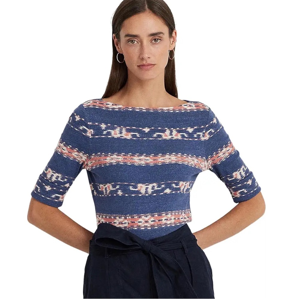 Lauren Ralph Lauren Print Stretch Cotton Boatneck Tee cotton size 3X